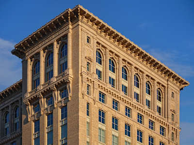 The exterior of the Detroit hotel at Michigan Central Station