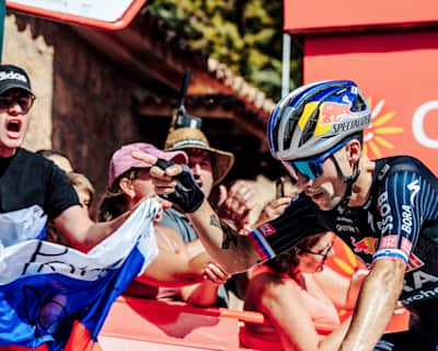 Primož Roglič of Red Bull - BORA - hansgrohe celebrates a stage win at La Vuelta 2024