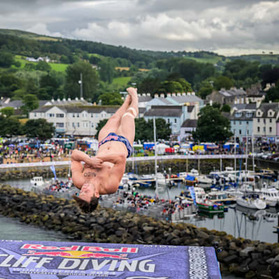 Aidan Heslop cliff diving at Red Bull event in Ballycastle
