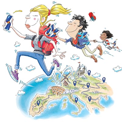 Cartoon artwork for the Red Bull Can You Make It? European travel contest 2024.