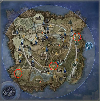 Carte des églises de Marika entourées en rouge dans Elden Ring Nightreign. 