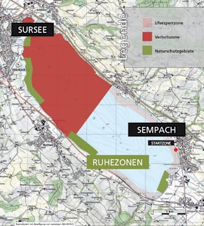 Karte der Kitezonen am Kitespot Sempacher See