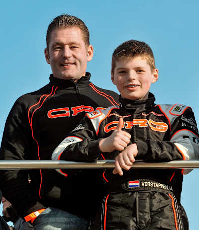 Verstappen, backed by his father, Jos, at a 2010 race in Italy. With a mix of love and tough love from his dad, an F1 driver himself, Max developed an intense competitive fire.