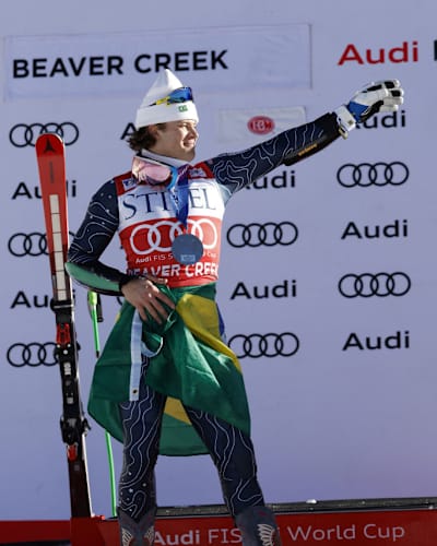 Lucas Pinheiro Braathen of Team Brazil celebrates during the Audi FIS Alpine Ski World Cup Men's Giant Slalom on December 8, 2024 in Beaver Creek, USA.