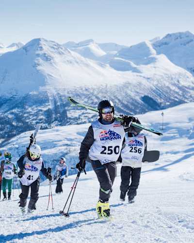 Skiers ascend scenic Strandafjellet during Red Bull Homerun 2025 event, Norway