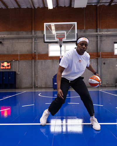 Arike Ogunbowale practicing basketball in Santa Monica, California.