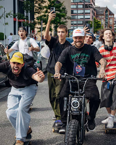 Ryan Sheckler on a Fatboy Bike pulling Fans at Red Bull Spot Check