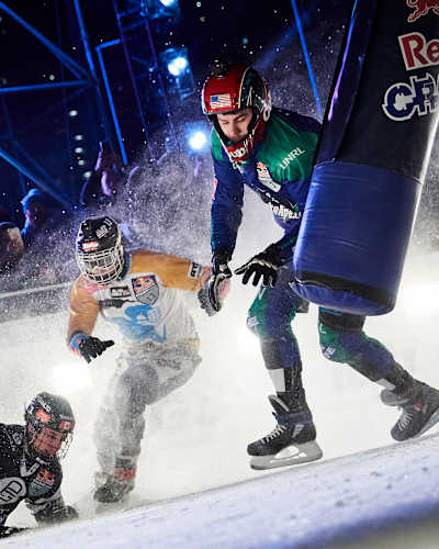 Ice Cross Downhill action from Red Bull Crashed Ice.