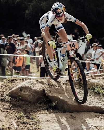 An image of an MTB rider at Val di Sole in the UCI MTB World Cup.