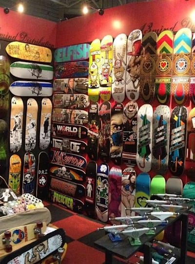 A photo of the interior of a skateboard shop.
