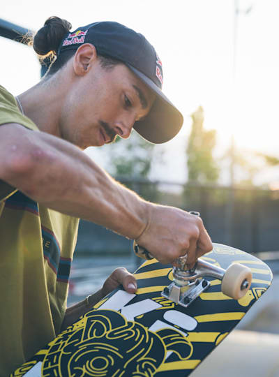 Danny Leon sets up his skateboard at X-Madrid, Spain on June 18, 2020