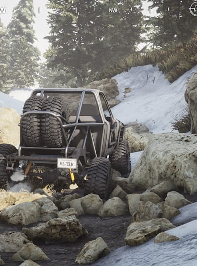 Screenshot aus dem PC-Game Pure Rock Crawling zeigt einen Jeep in unwegsamem Gelände