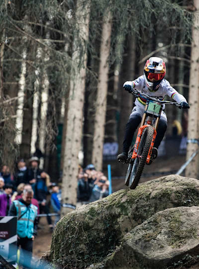 Jackson Goldstone performs at UCI DH World Cup in Lourdes, France on March 27, 2022.