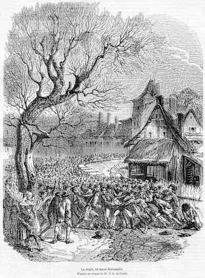 Des villageois pratiquant la Soule en Basse-Normandie en 1852.