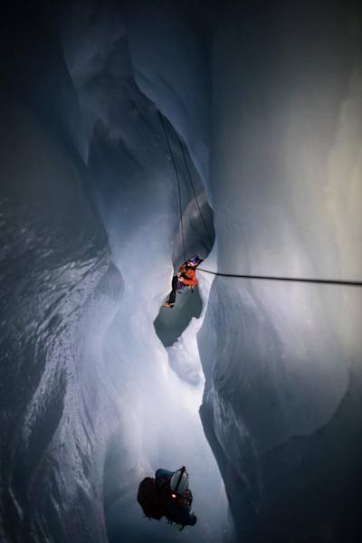 Will Gadd is climbing into the Athabasca Glacier to discover the effects of global warming on the glacier.