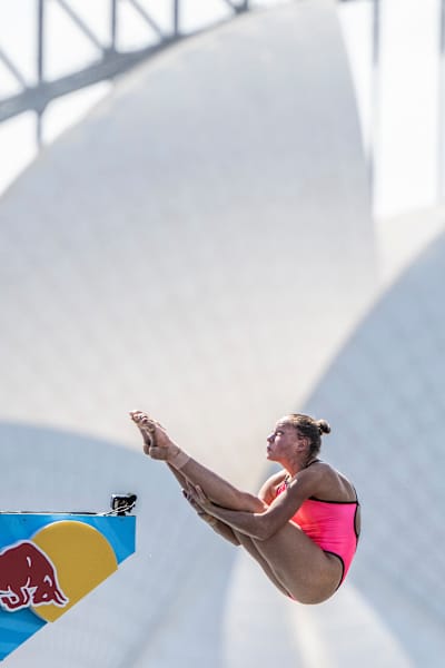 In 2024, Nelli Chukanivska dives gracefully at Red Bull Cliff Diving event