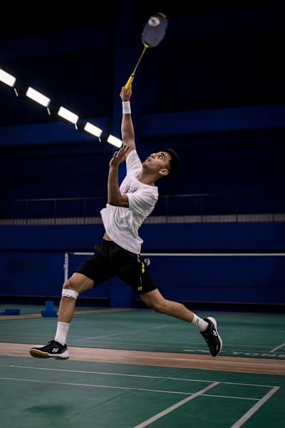 Lakshya Sen during a badminton training session on a court 
