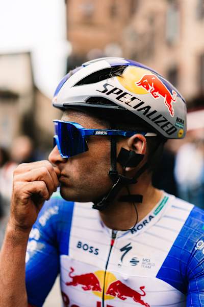 Gianni Vermeersch at the finish line of Strade Bianche 2026