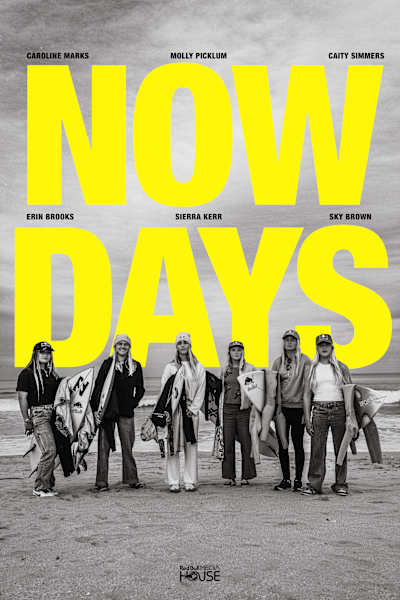 The six women of NOW DAYS, a generational surf film, pose with their boards against the film name