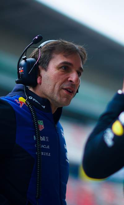 In 2026, Pierre Waché, Technical Director of Oracle Red Bull Racing, strategises in the pitlane at Circuit de Catalunya during F1 Shakedown in Montmelo, Spain