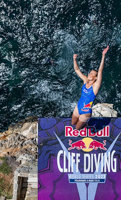 Rhiannan Iffland of Australia dives from the 21.5 metre platform during the fRed Bull Cliff Diving World Series in Polignano a Mare, Italy on July 2, 2023.