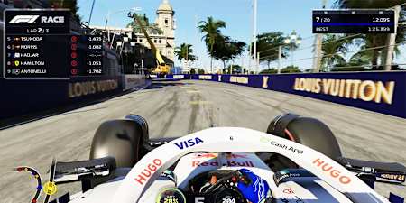 Capture d'écran de F1 25 montrant une course avec Isack Hadjar à Miami. 