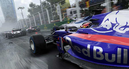 The 2017 Toro Rosso F1 car displayed on track in the new F1 2017 video game by Codemasters.
