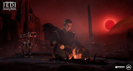Cal und BD-1 machen Pause am Lagerfeuer. Star Wars Jedi: Fallen Order punktet mit einer spannenden und emotionalen Geschichte