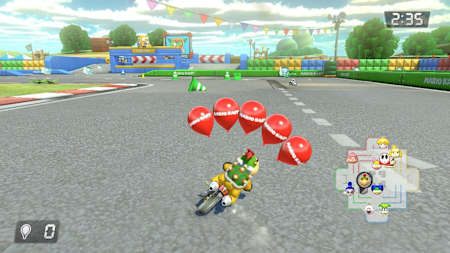 A screenshot of a 180 turn in Mario Kart 8 Deluxe's Battle Mode