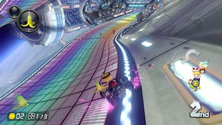 A screenshot of the purple boost in Mario Kart 8 Deluxe
