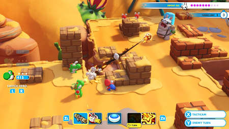 Yoshi feuert, Mario verweilt in Deckung