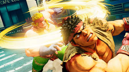 Two characters battling in a Street Fighter video game