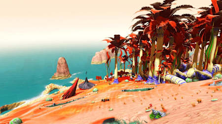 A screenshot of the Diverse Environments mod, showing an island and the sea
