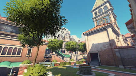 A screenshot of the courtyard near the river on Rialto in Overwatch.