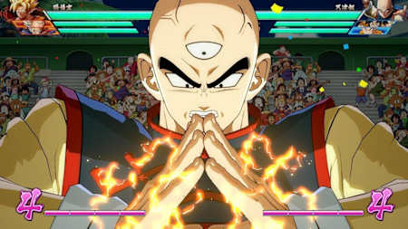 A screenshot of Tien from Dragon Ball FighterZ.