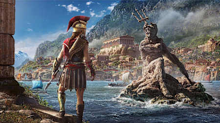 Een krijger in Assassin’s Creed Odyssey staat aan het water en kijkt naar de verwoeste stad.