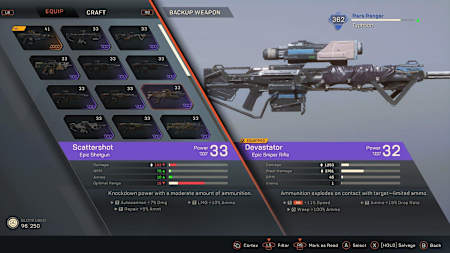 A screenshot of a weapon comparison from Anthem