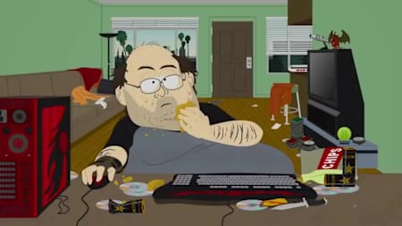 Par le biais de Jenkins dans South Park, Trey Parker s’attaque au cliché du joueur du jeu vidéo WoW, le geek solitaire, enfermé chez lui devant son ordi à boire et à manger n’importe quoi.