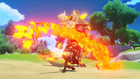 Our hero fights against a mighty fire monster. The co-op role-playing game Genshin Impact delights players on PC and PS4.
