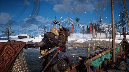 Eivor bläst zum Angriff auf eine Siedlung. Der Charakterfortschritt motiviert deutlich mehr und erlaubt verschiedene Spielstile