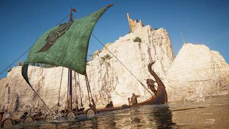 Eivor bestaunt auf dem Langboot die Klippen von Dover. Die Kreidefelsen beherbergen eine ganz besondere Waffe