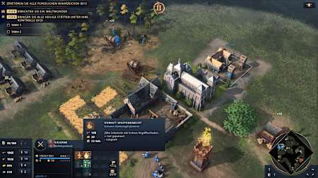 Screenshot aus Age of Empires 4 zeigt eine Kaserne der Engländer samt Vorhut-Waffenknechten