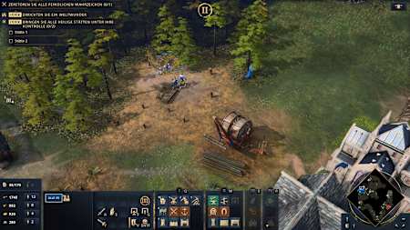 Una captura de pantalla de Age of Empires 4 muestra un campamento de leñadores con trabajadores.