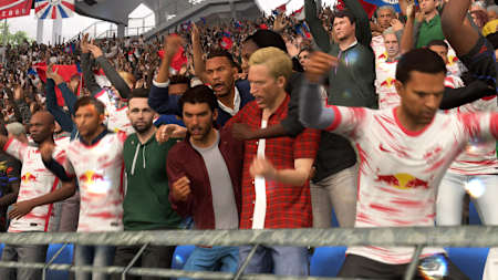 RB Leipzig-Fans in FIFA 22 jubeln über ein Tor.
