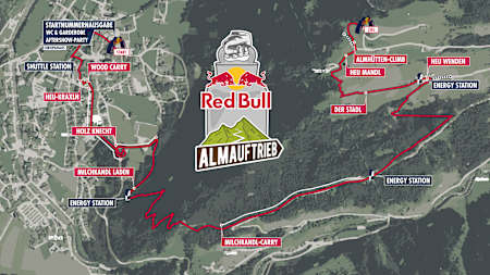 Überblickskarte der Strecke und Fitness-Challenges beim Red Bull Almauftrieb 2021.