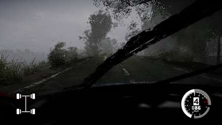 Screenshot aus WRC 10 zeigt starken Regen aus der Cockpit-Ansicht.