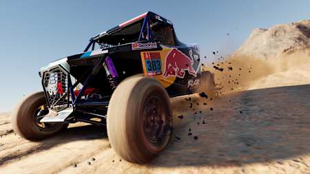Un buggy Red Bull roule dans le désert dans le jeu vidéo de course Dakar Desert Rally.