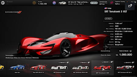 Screenshot of the Dodge SRT Tomahawk S VGT in Gran Turismo 7, one of the fastest cars in the game