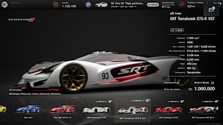 Screenshot shows the Dodge SRT Tomahawk GTS-R VGT, one of the fastest cars in Gran Turismo 7