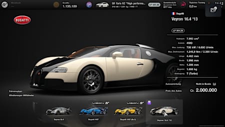 Screenshot from Gran Turismo 7 showing the Bugatti Veyron 16.4 '13